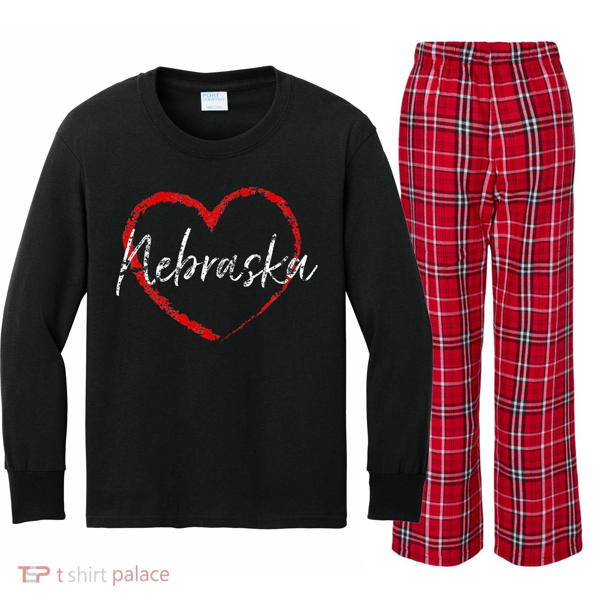 Nebraska Heart Cute Ladies Mom Gift Kids Long Sleeve Plaid Pajama Set