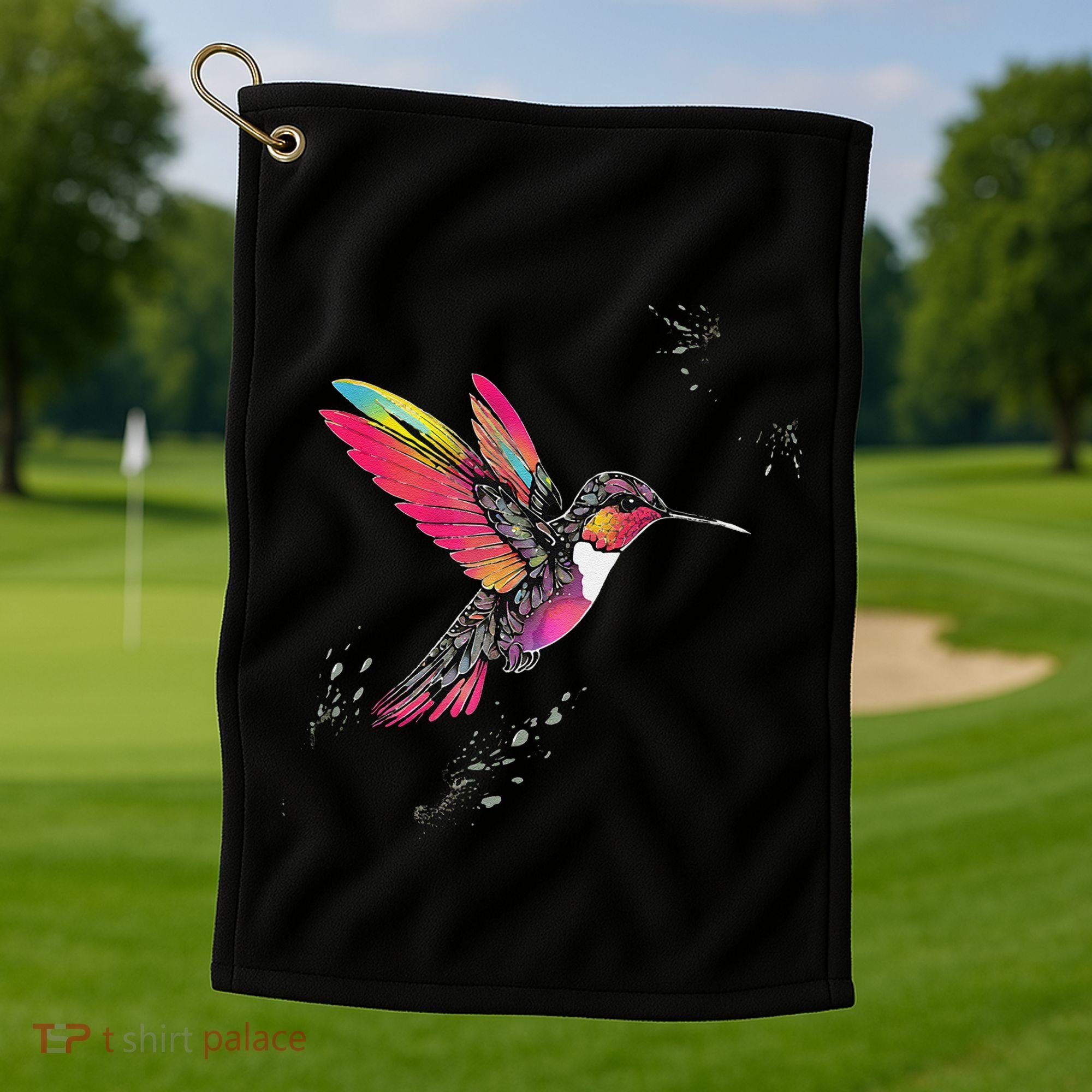 Neon Hummingbird In Flight Golf Towel