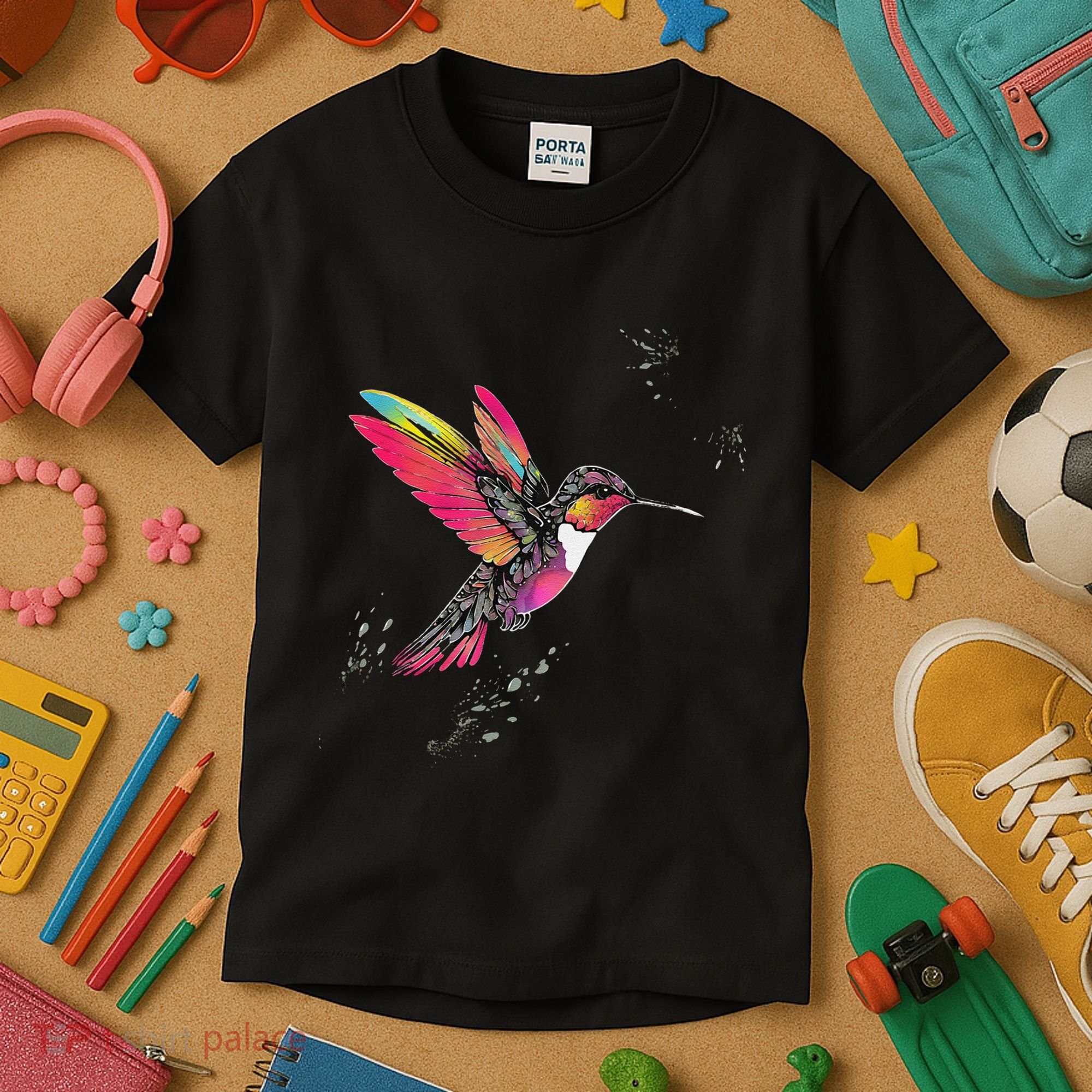 Neon Hummingbird In Flight Kids T-Shirt