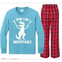Now I Am Unstoppable Funny TRex Kids Long Sleeve Plaid Pajama Set thumb 0