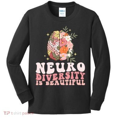 Neurodiversity Is Beautiful Floral Brain Groovy Kids Long Sleeve Shirt