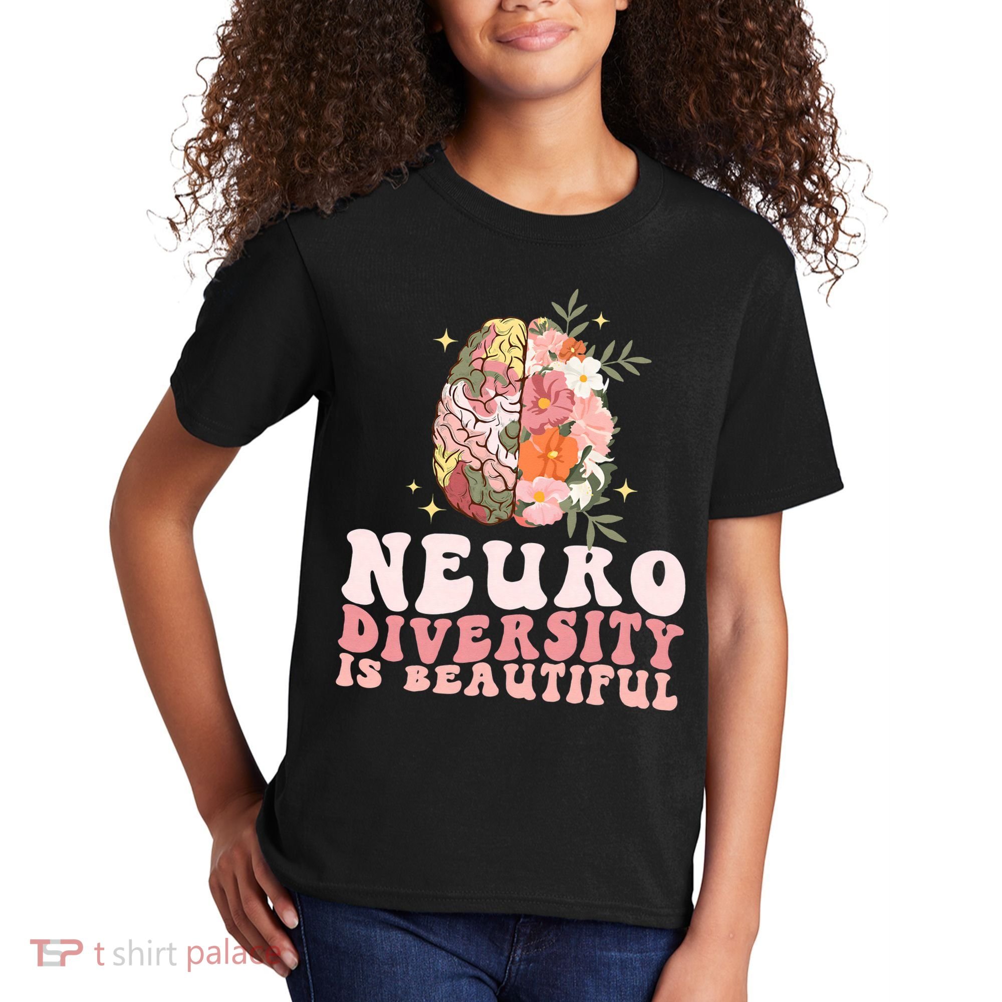 Neurodiversity Is Beautiful Floral Brain Groovy Kids T-Shirt