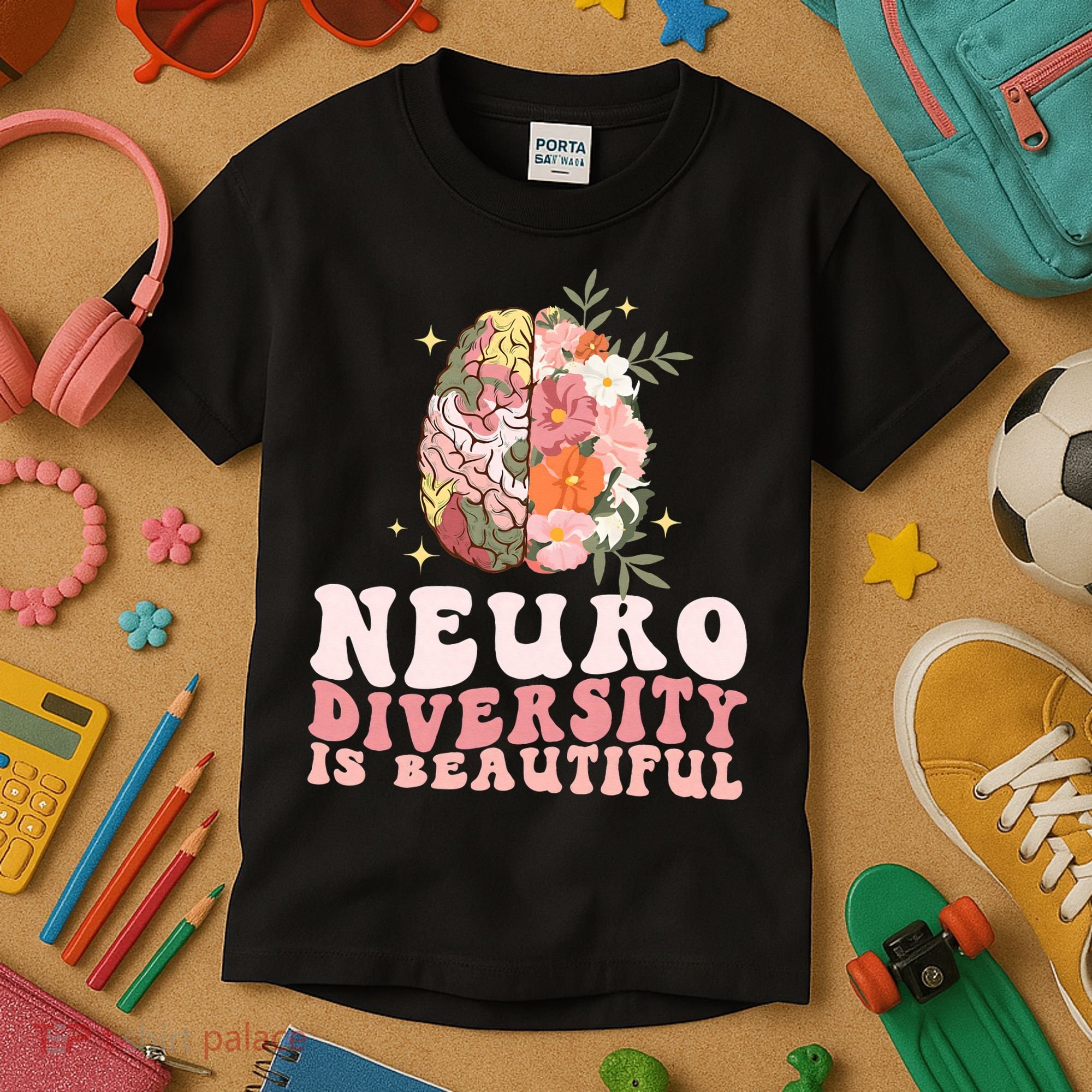 Neurodiversity Is Beautiful Floral Brain Groovy Kids T-Shirt