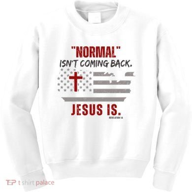 Normal Isnt Coming Back Jesus Is American Flag Cross Kids Sweatshirt
