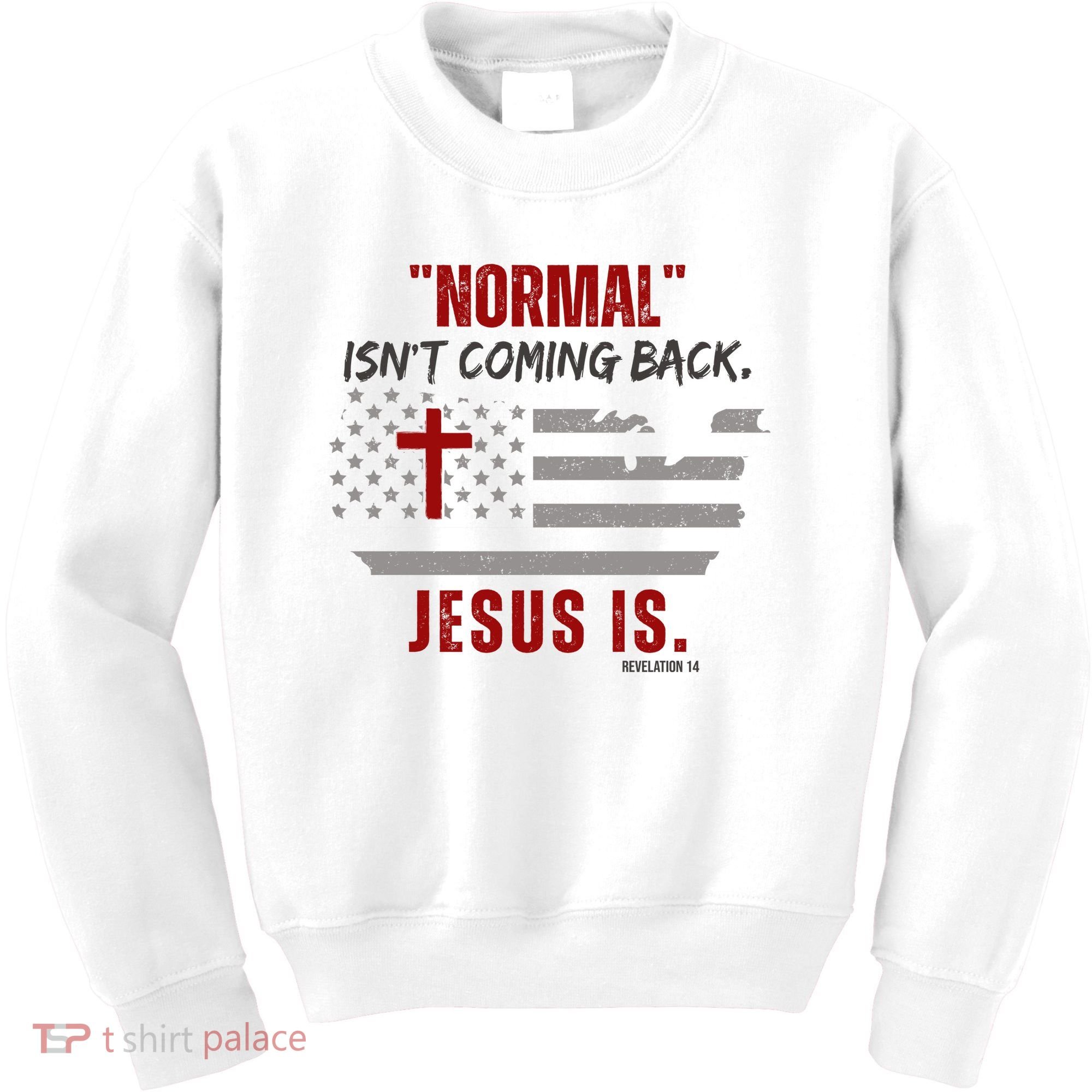 Normal Isnt Coming Back Jesus Is American Flag Cross Kids Sweatshirt