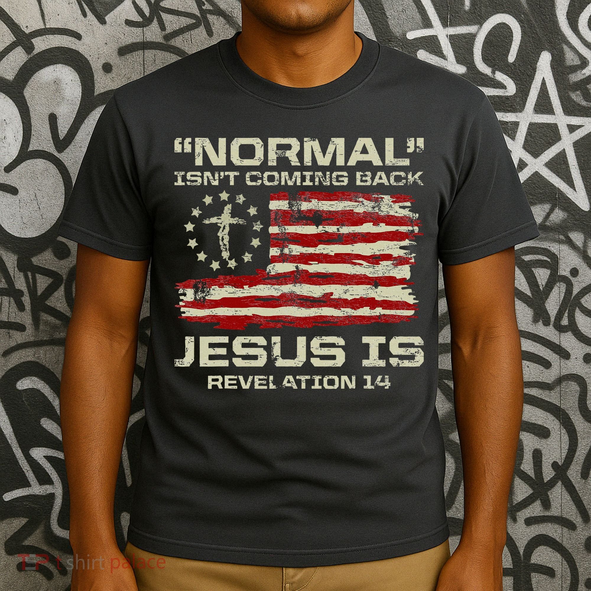 Normal IsnT Coming Back Jesus Is Christian American Flag T-Shirt