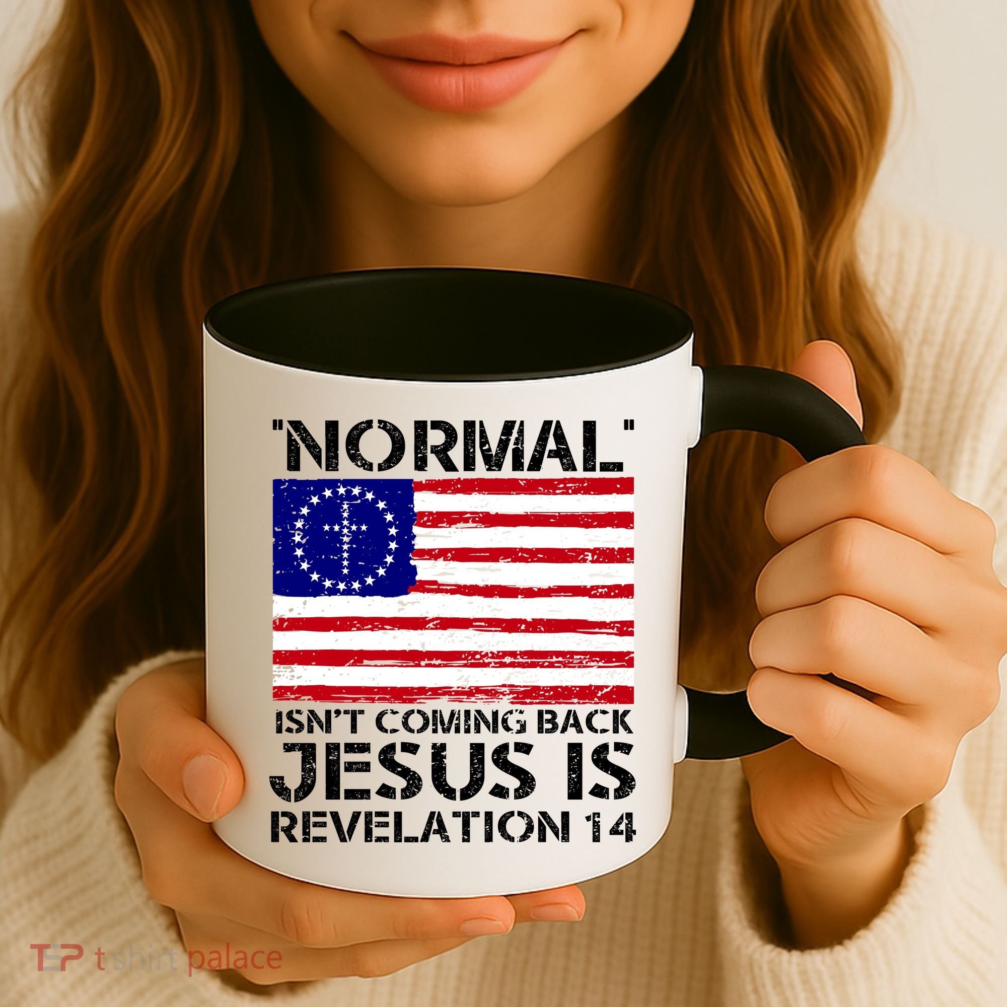 Norman Isnt Coming Back Jesus Is Revelation USA Flag Christianity Coffee Mug