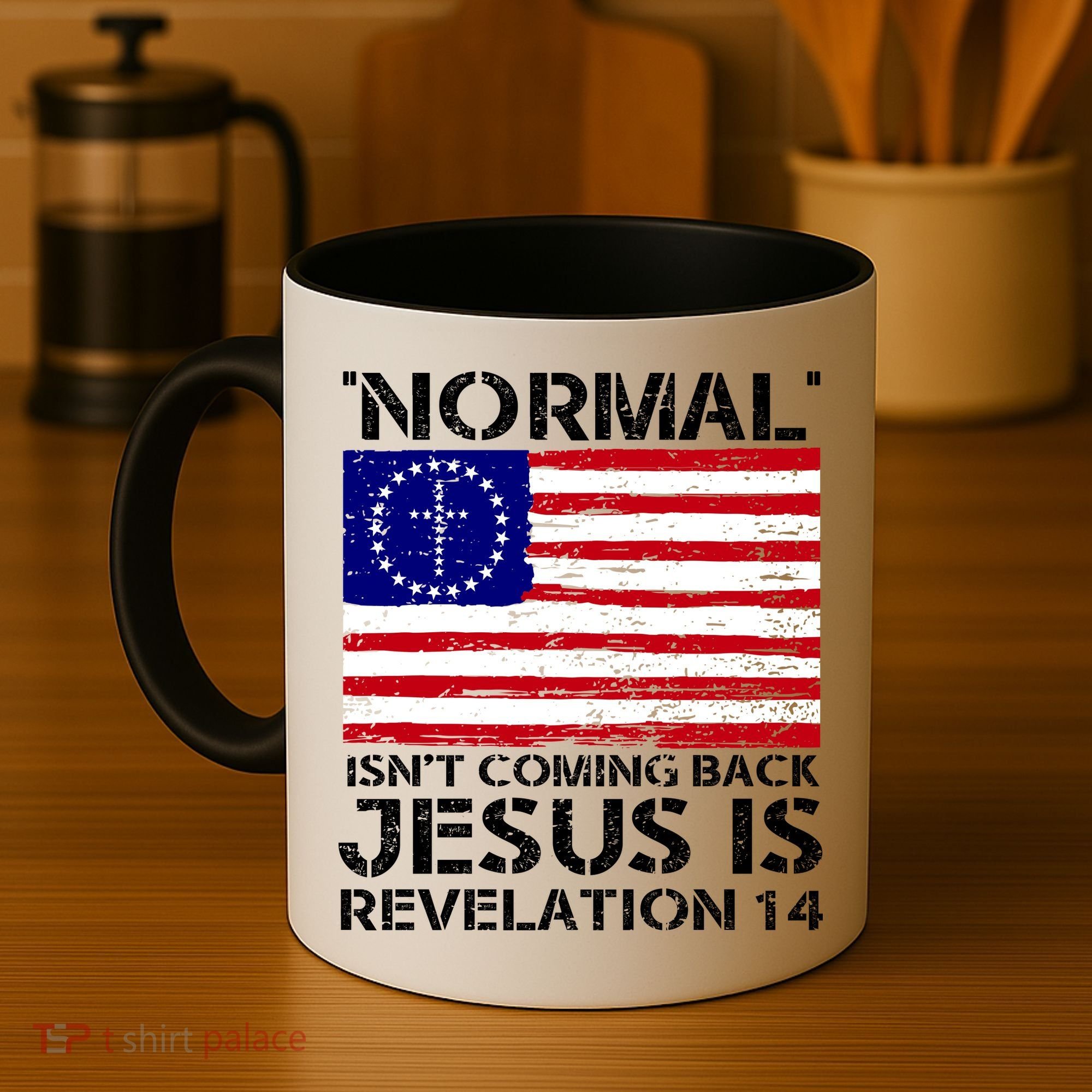Norman Isnt Coming Back Jesus Is Revelation USA Flag Christianity Coffee Mug