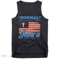 Normal Isn't Coming Back Jesus Is Distressed USA Flag Tank Top thumb 0