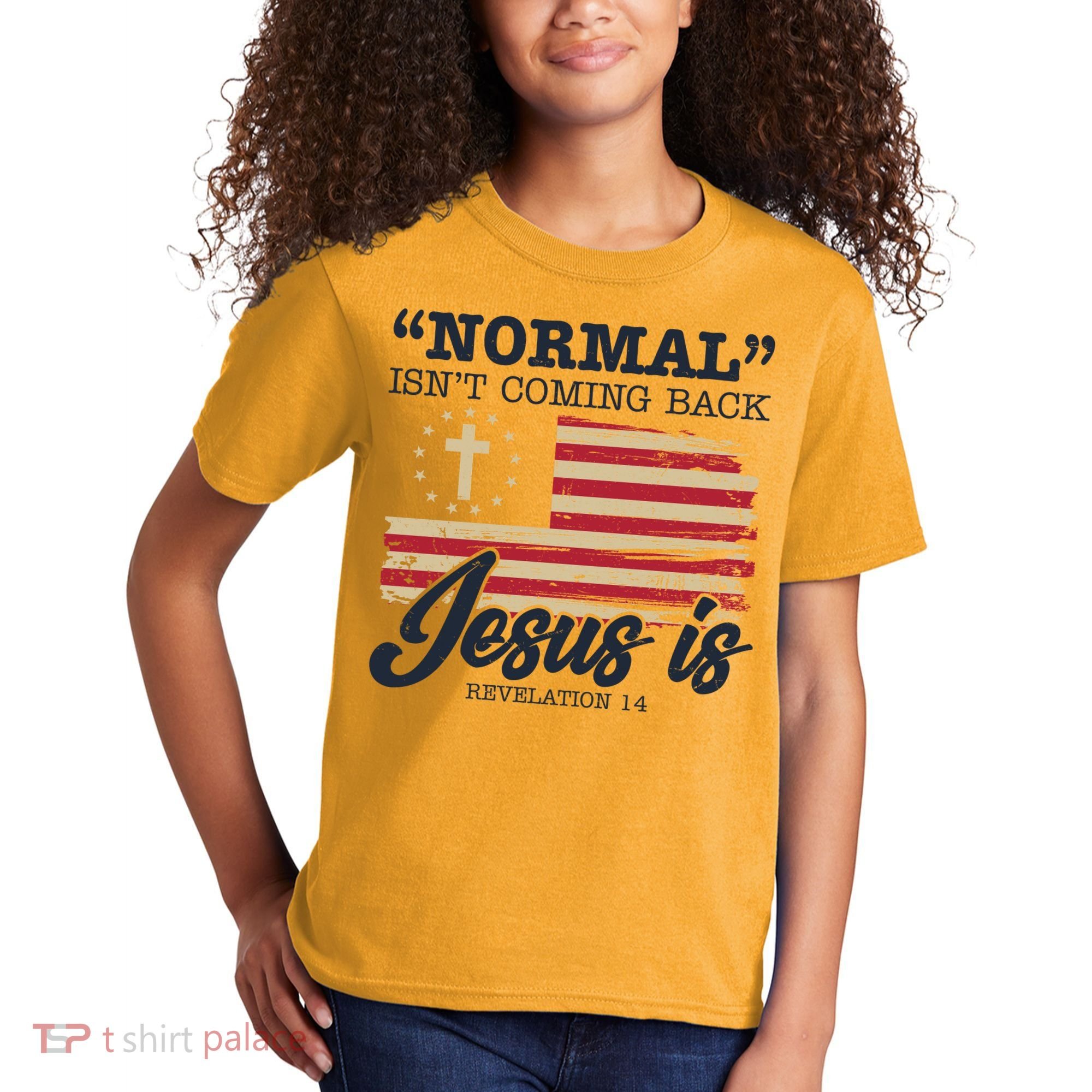Normal Isn't Coming Back Jesus Is Distressed USA Flag Kids T-Shirt