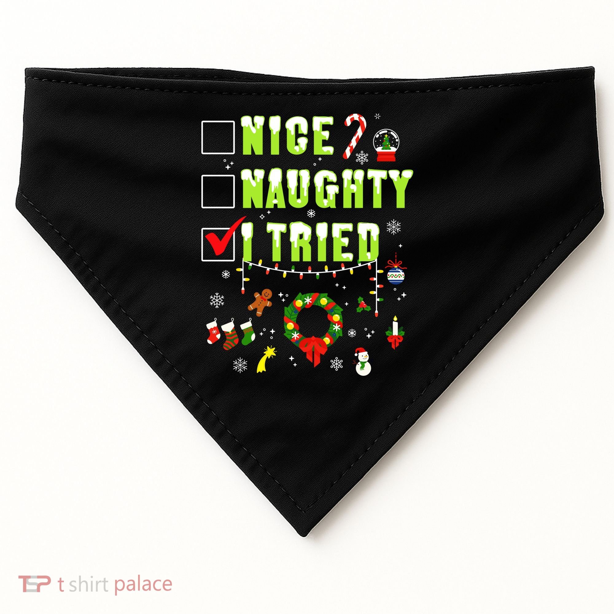 Nice Naughty I Tried Funny Christmas Checklist  USA-Made Doggie Bandana