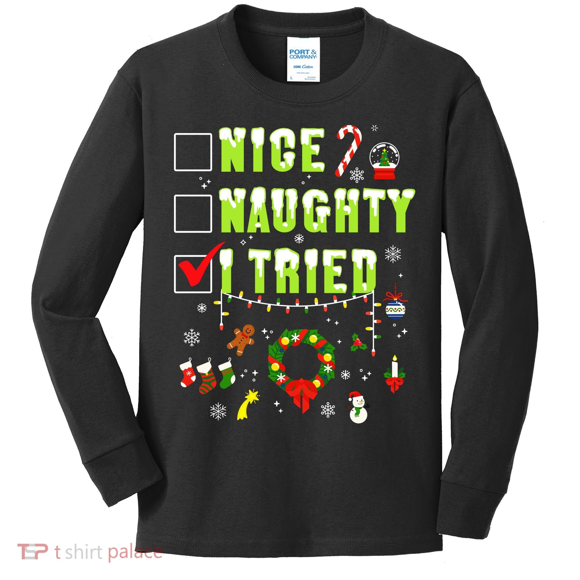 Nice Naughty I Tried Funny Christmas Checklist  Kids Long Sleeve Shirt