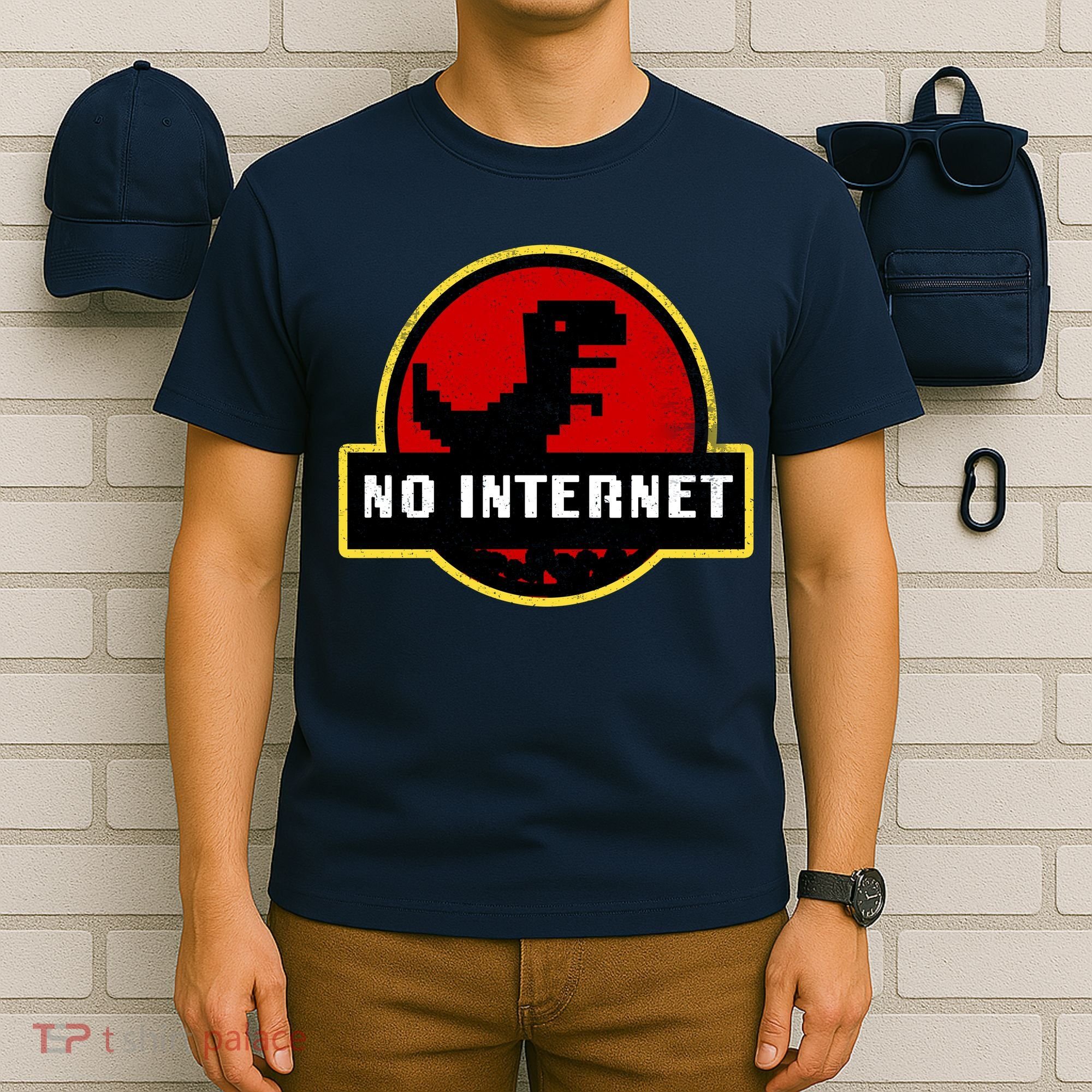 No Internet Dinosaur Park Logo Parody Distressed T-Shirt