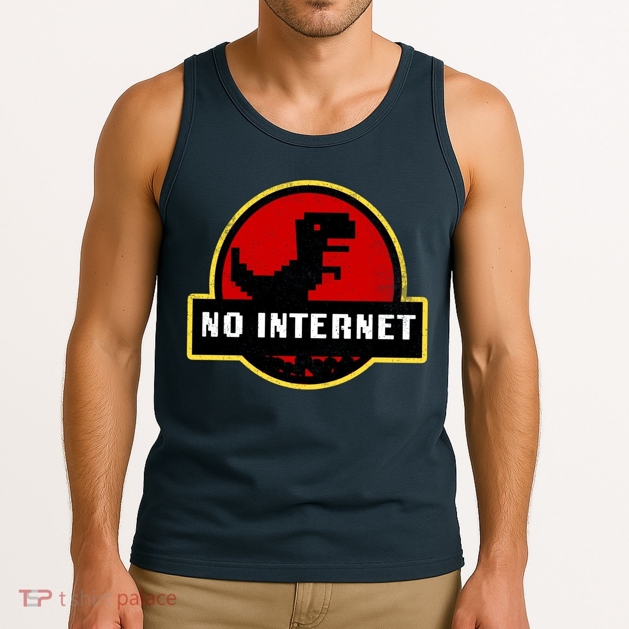 No Internet Dinosaur Park Logo Parody Distressed Tank Top