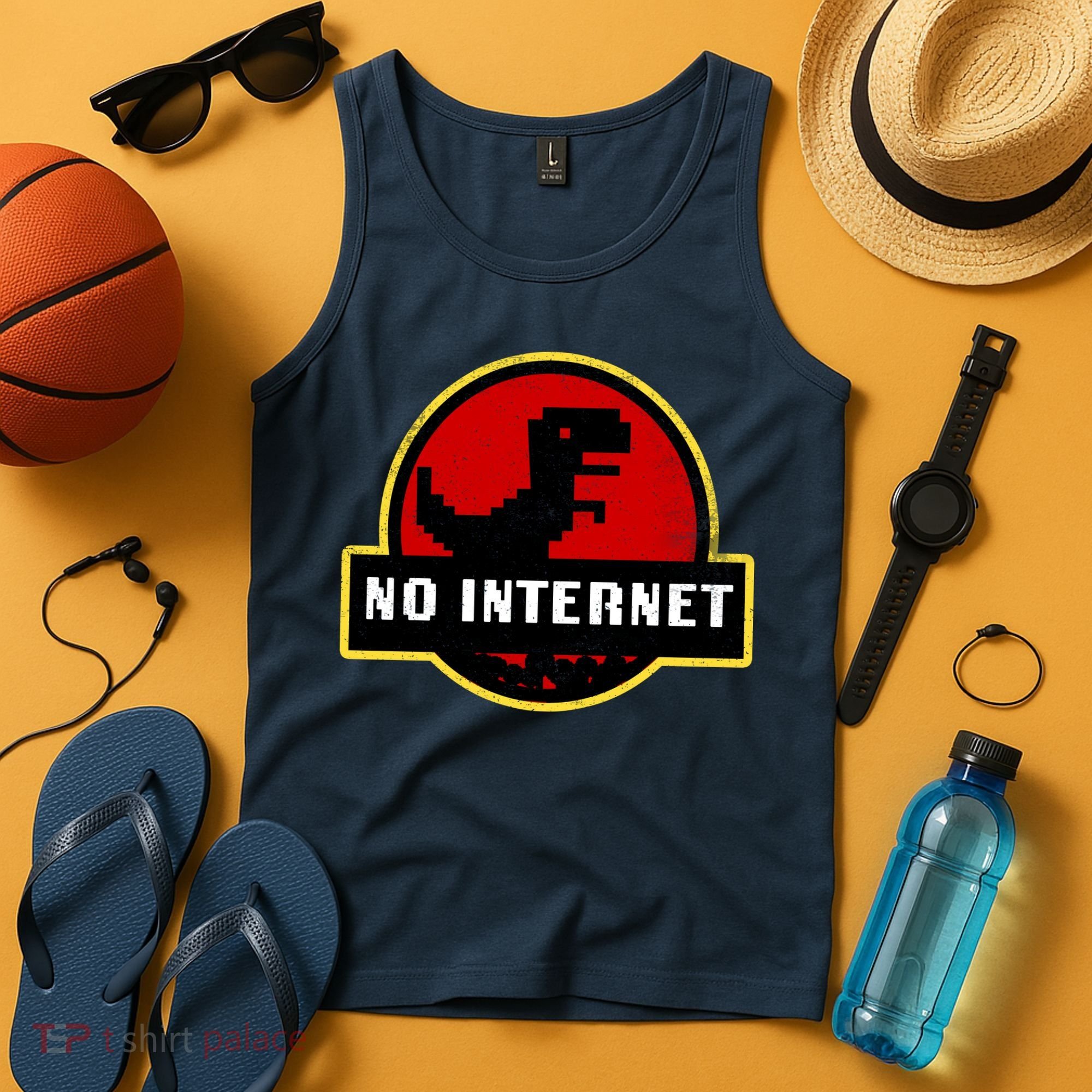 No Internet Dinosaur Park Logo Parody Distressed Tank Top