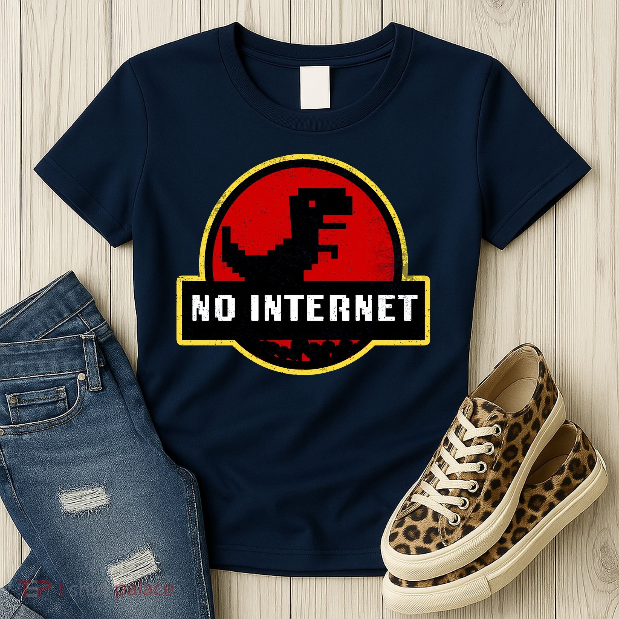 No Internet Dinosaur Park Logo Parody Distressed Women's T-Shirt