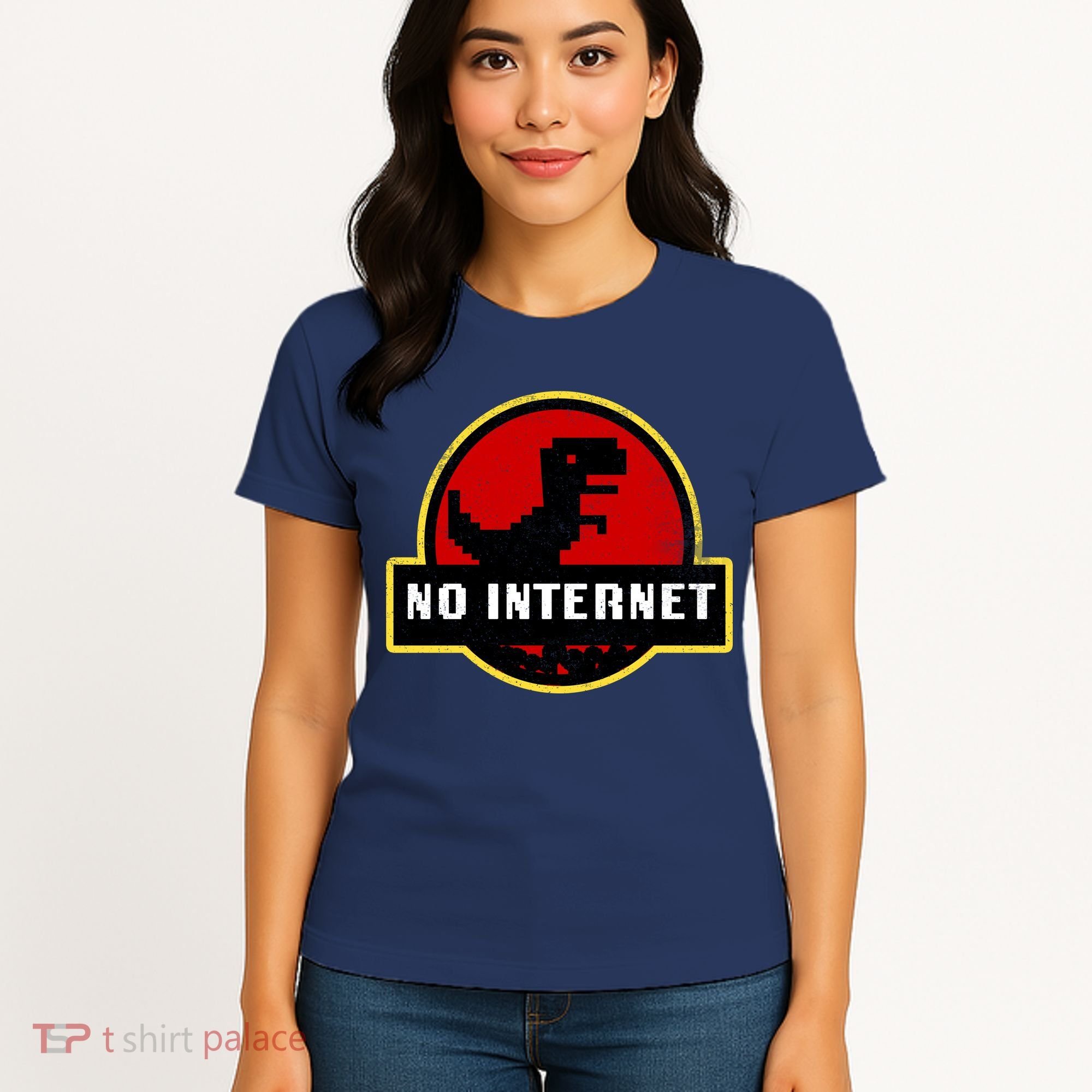 No Internet Dinosaur Park Logo Parody Distressed Women's T-Shirt
