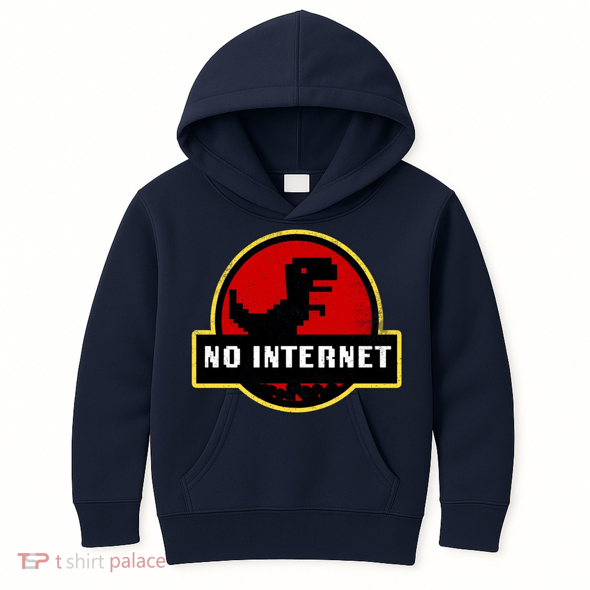 No Internet Dinosaur Park Logo Parody Distressed Kids Hoodie