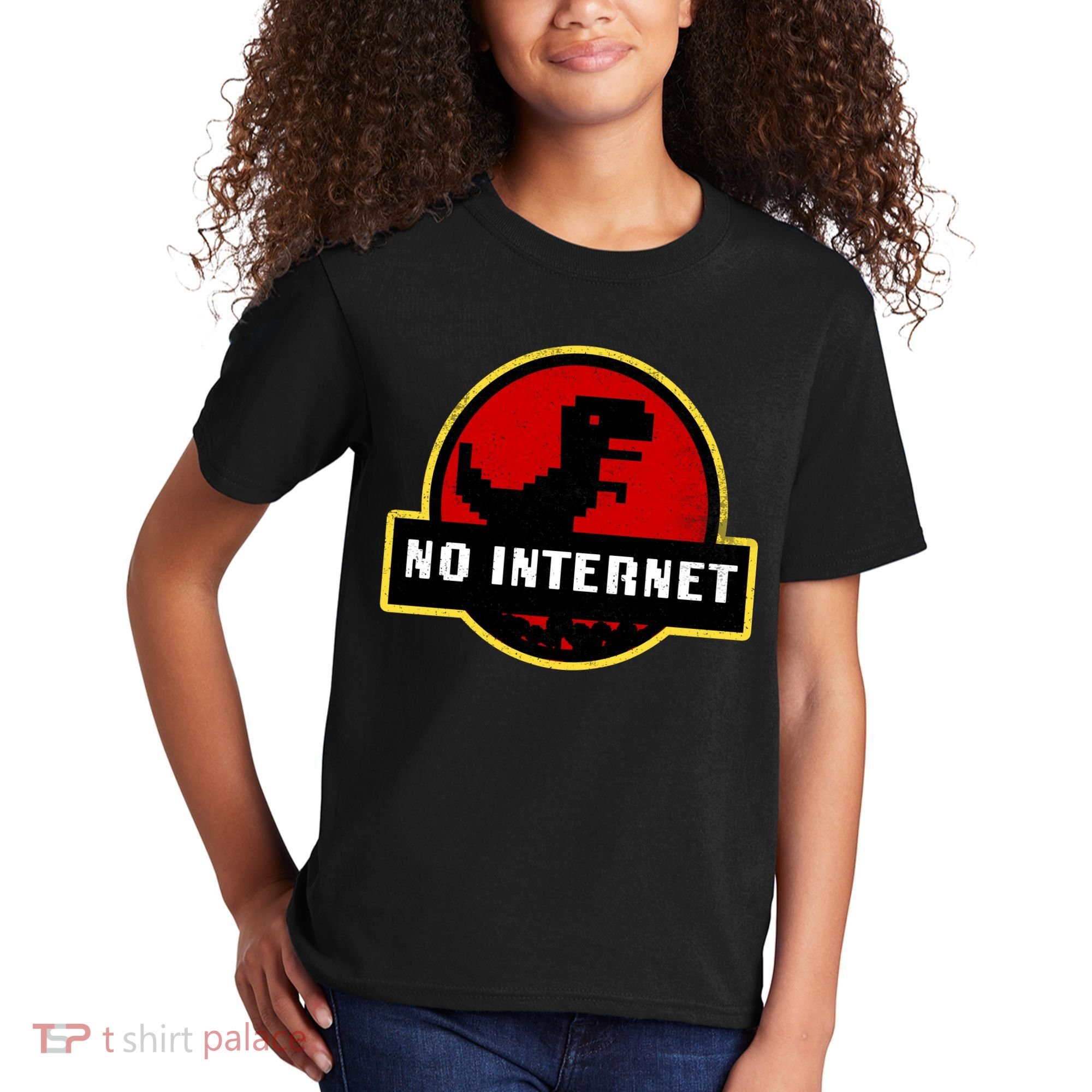 No Internet Dinosaur Park Logo Parody Distressed Kids T-Shirt