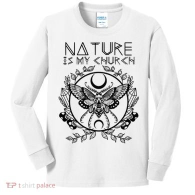 Nature Is My Church Moon Moth Witchcraft Wiccan Witch Kids Long Sleeve Shirt