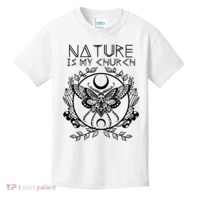 Nature Is My Church Moon Moth Witchcraft Wiccan Witch Kids T-Shirt