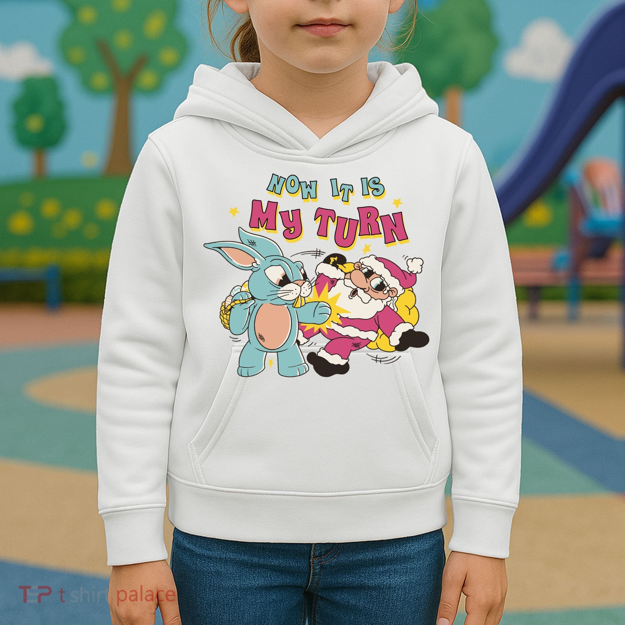 Now It's My Turn Funny Holiday Easter Bunny Santa Kids Hoodie