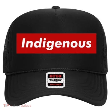 Native Indigenous Red Block Background With White Letters Hat