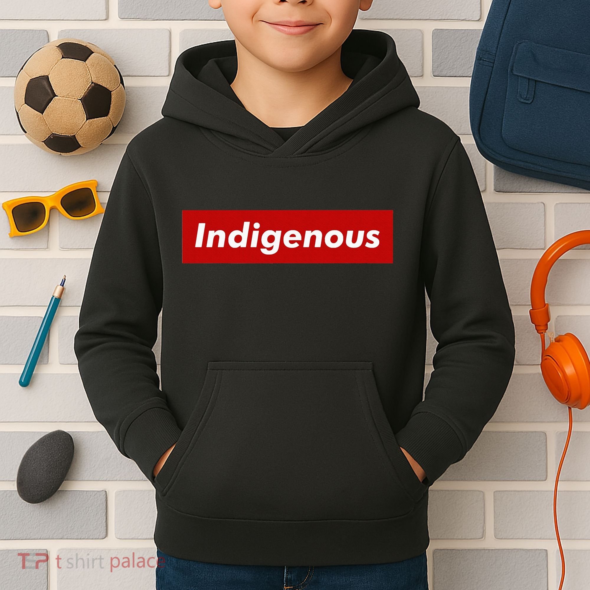 Native Indigenous Red Block Background With White Letters Kids Hoodie