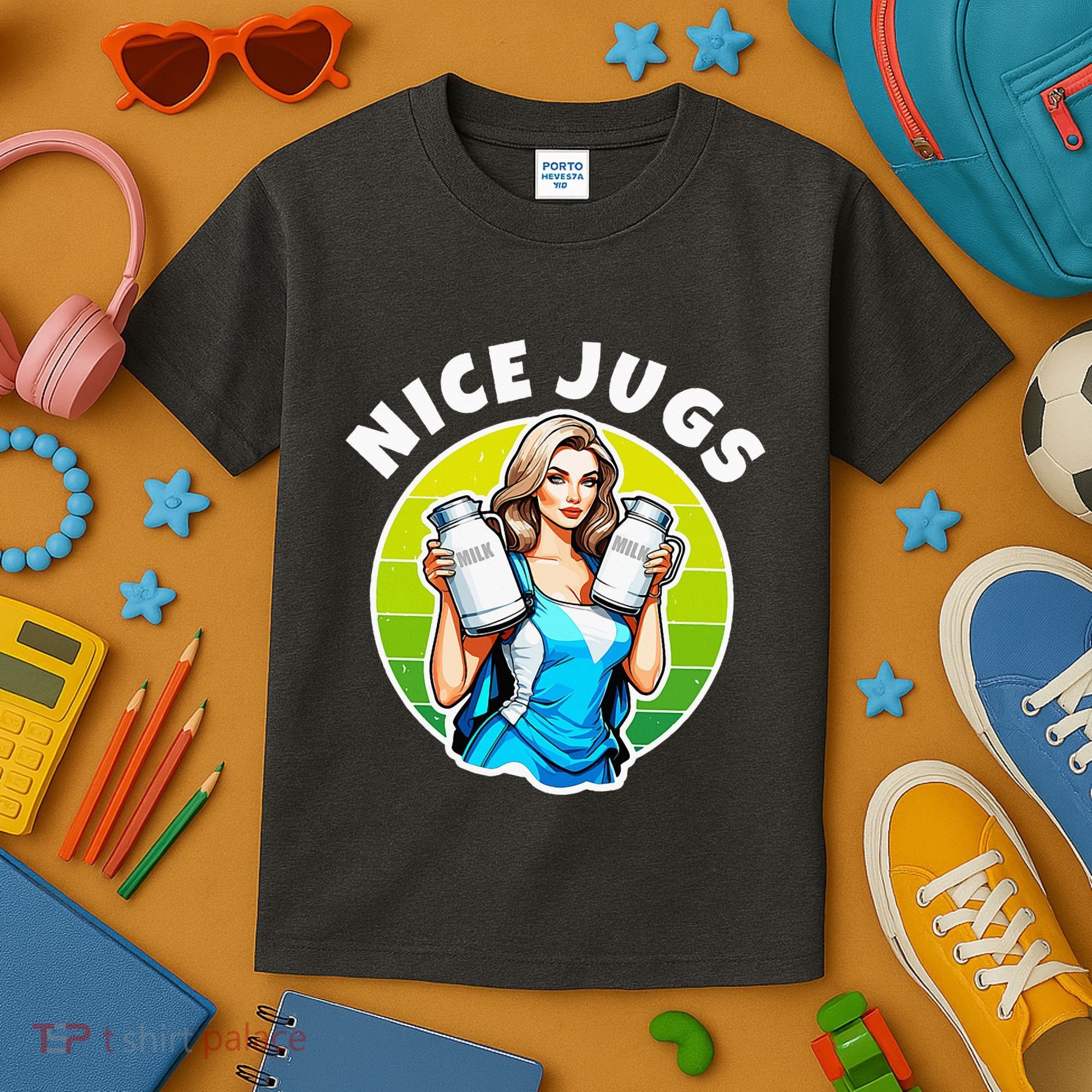 Nice Jugs. Cheerleader Milkmaid. Pitcher Holding Fun Kids T-Shirt
