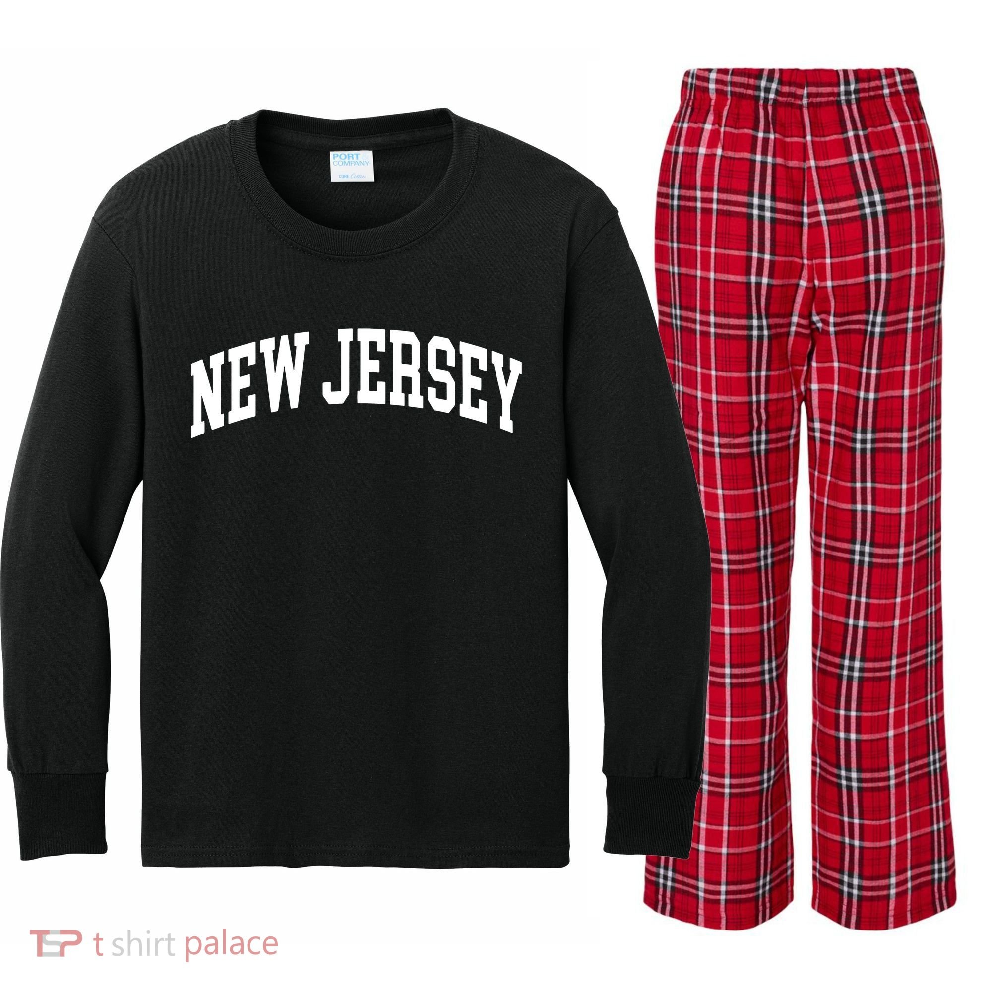 New Jersey Classic Text Kids Long Sleeve Plaid Pajama Set