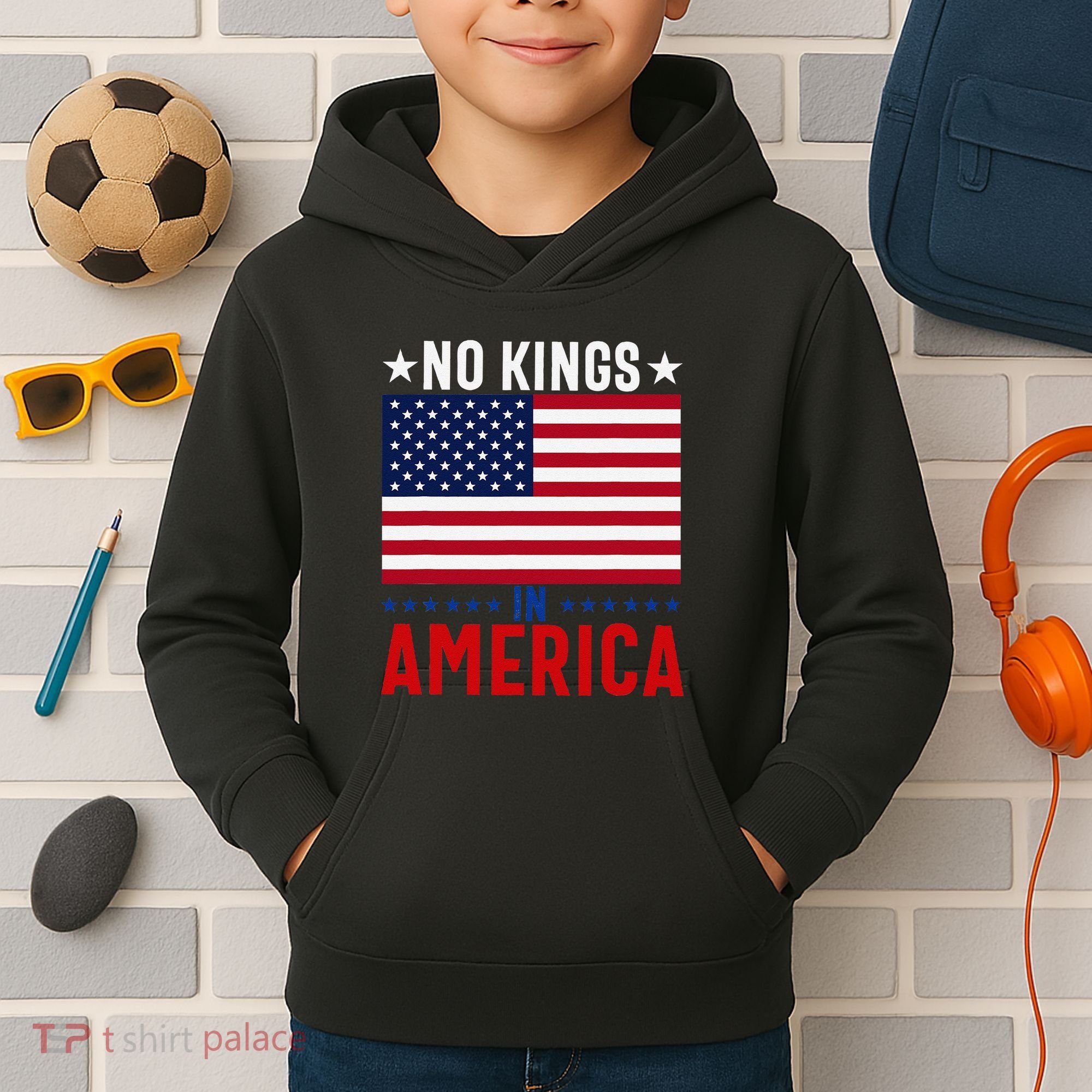 No Kings In America Flag Protest Save Democracy Kids Hoodie