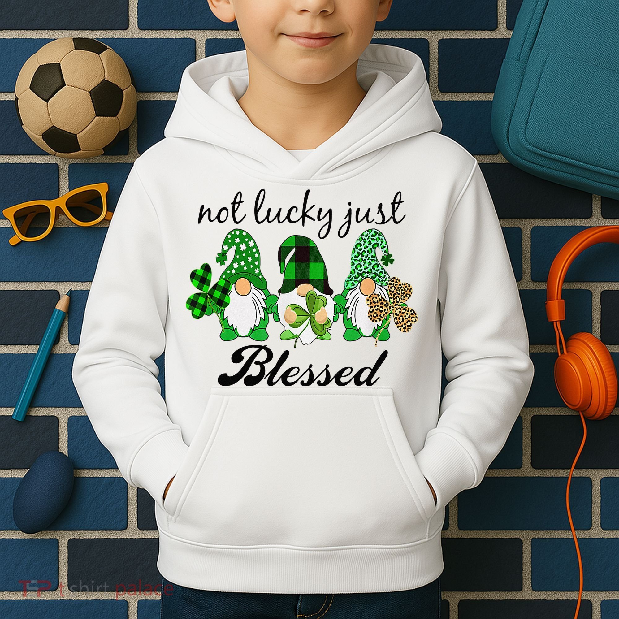 Not Lucky Just Blessed Gnomes Shamrock St Patrick Day Irish Kids Hoodie