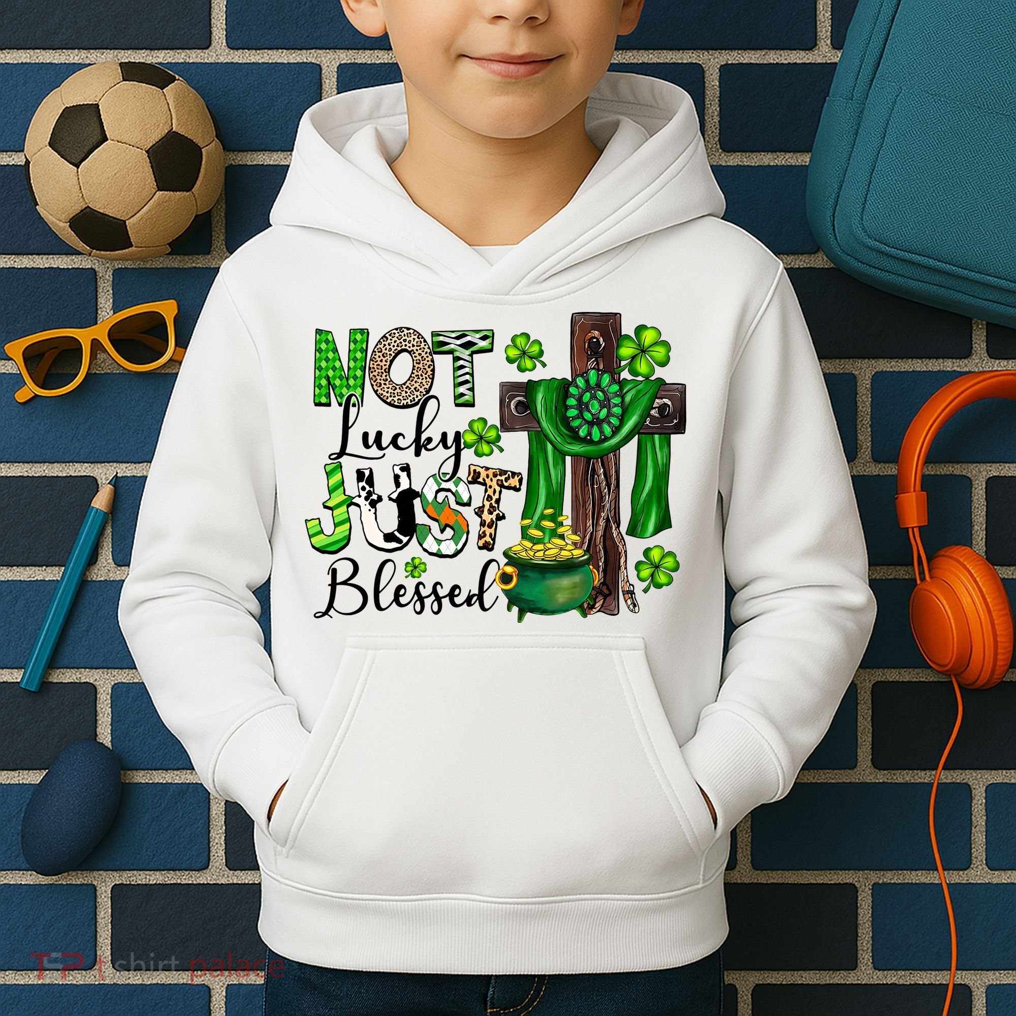 Not Lucky Just-Blessed Irish Christian Cross St Patricks Day Kids Hoodie