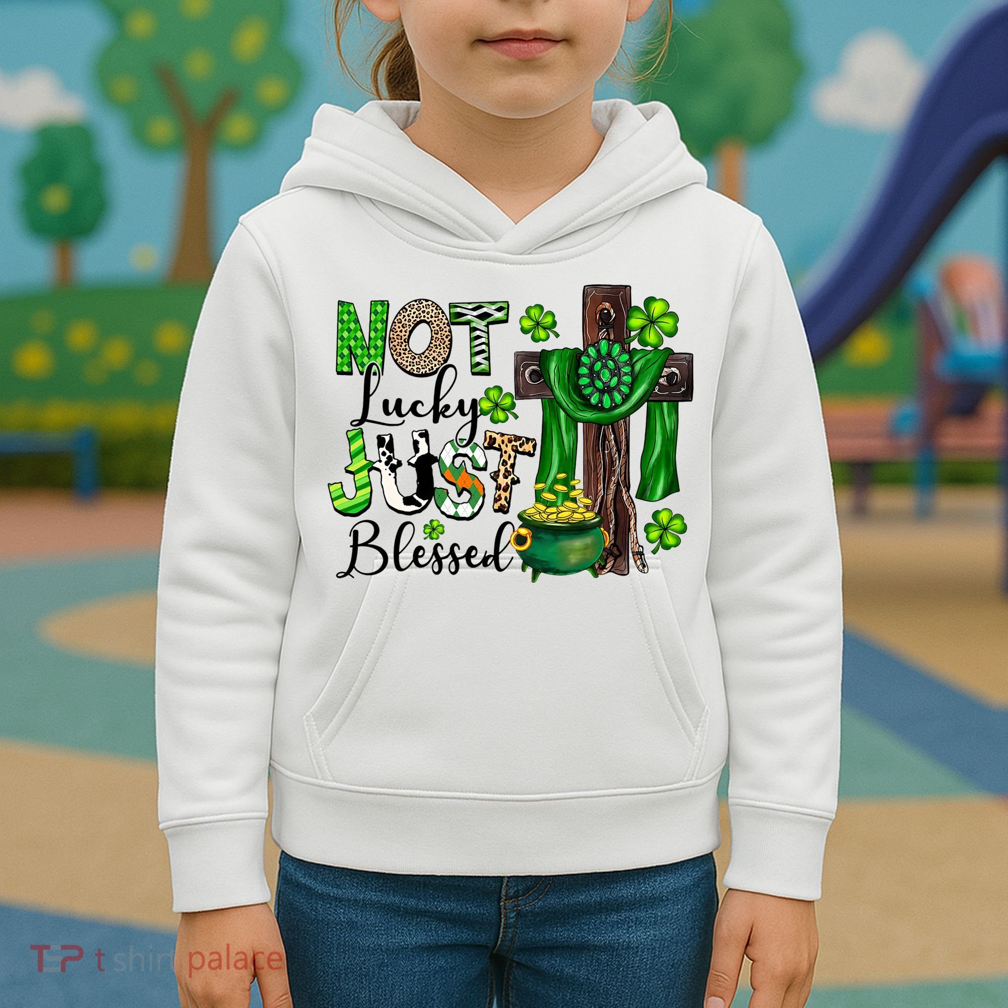 Not Lucky Just-Blessed Irish Christian Cross St Patricks Day Kids Hoodie