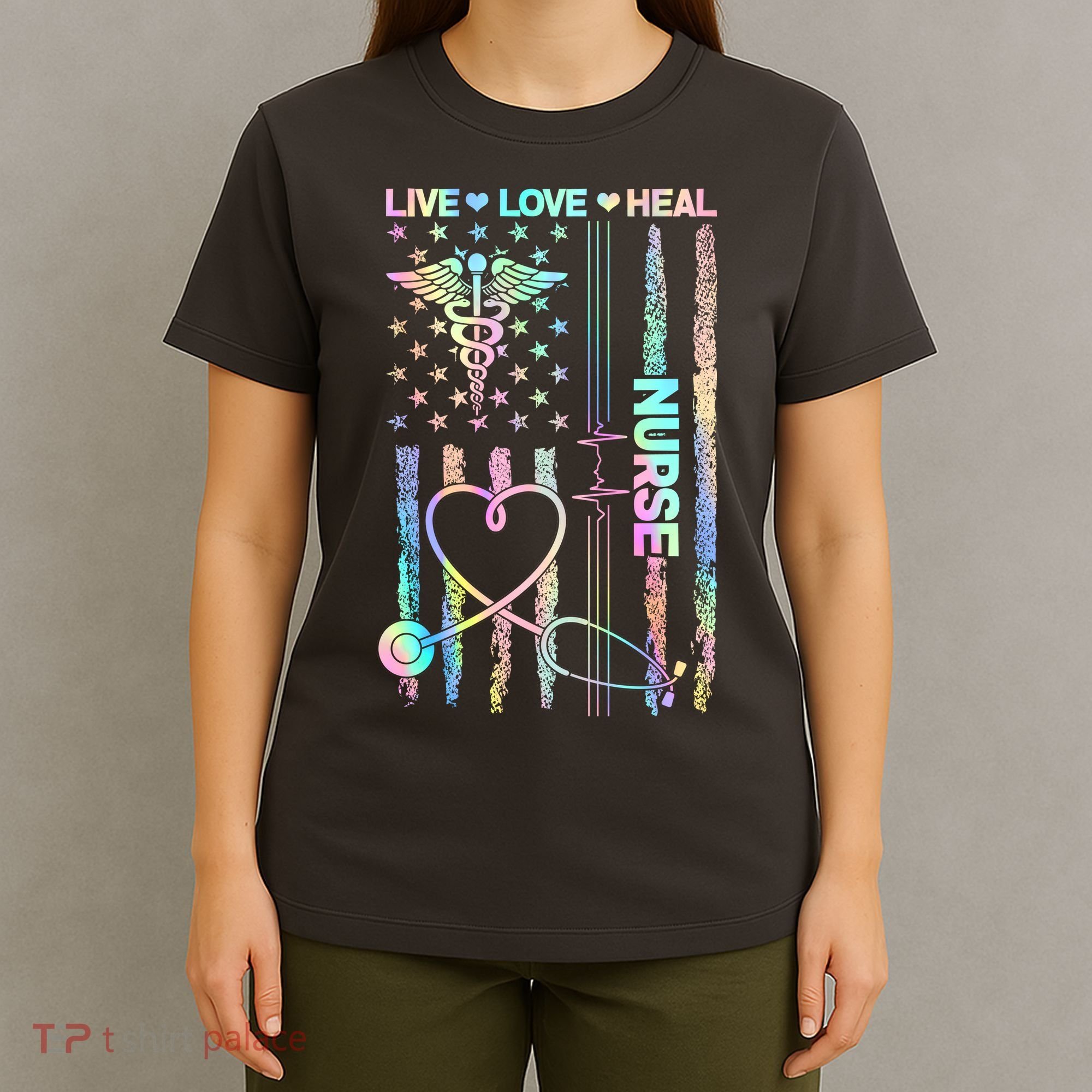 Nurse Live Love Heal Colorful USA Flag T-Shirt