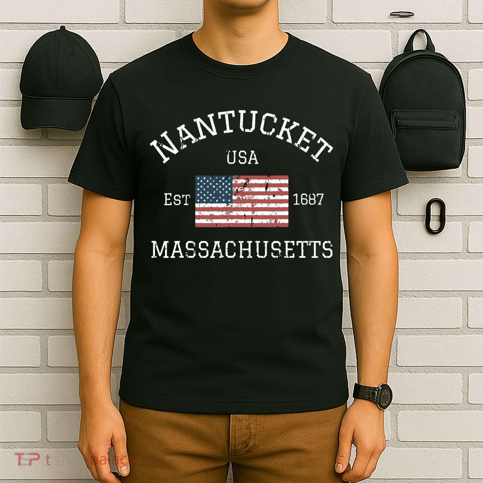 Nantucket Massachusetts American Flag Usa Travel Vintage T-Shirt