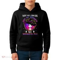 Not My Circus Not My Monkeys My Monkeys Fly Witch Halloween Kids Hoodie thumb 4