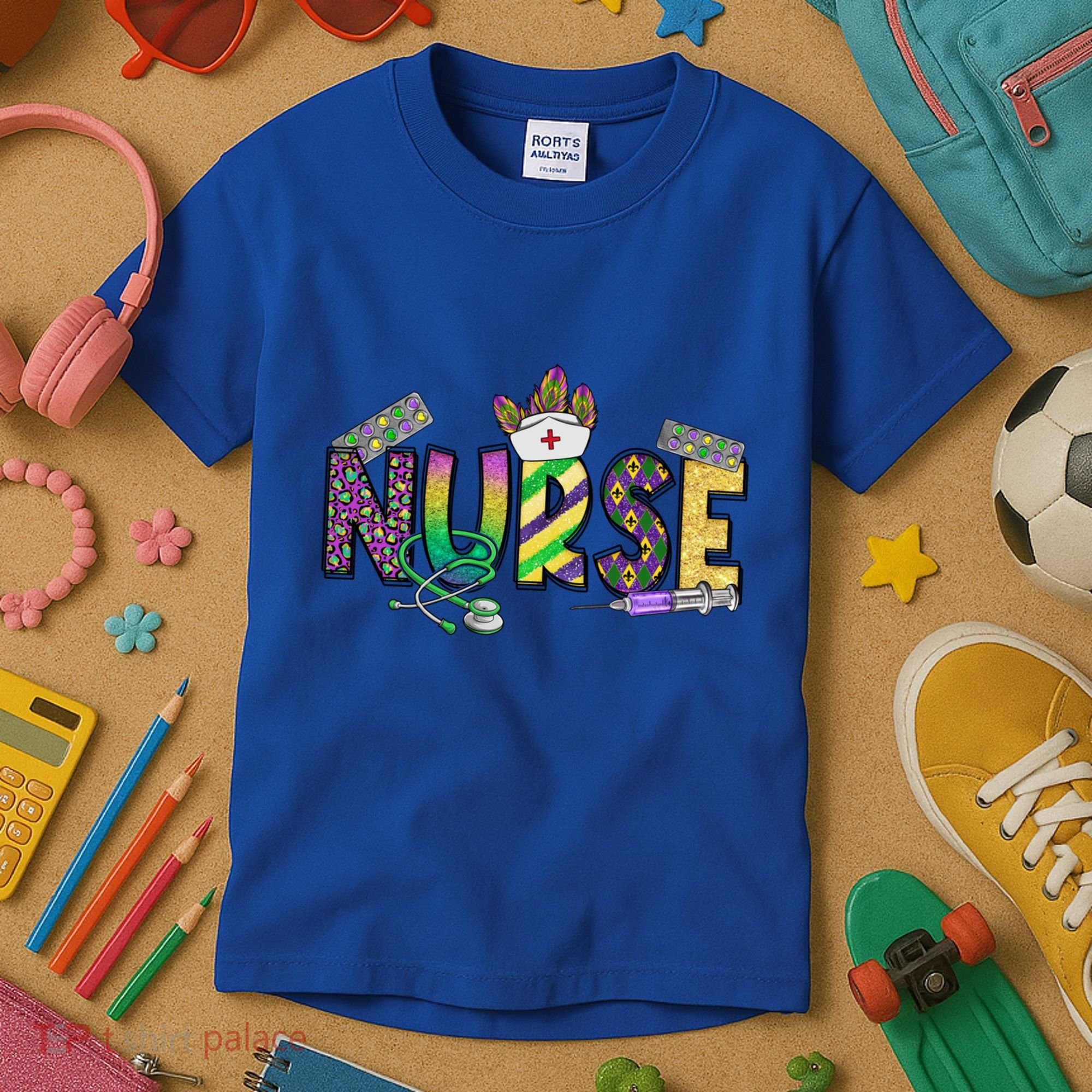Nurse Mask Mardi Gras Rn Icu Nicu Er Scrub Carnival Nurse Gift Kids T-Shirt