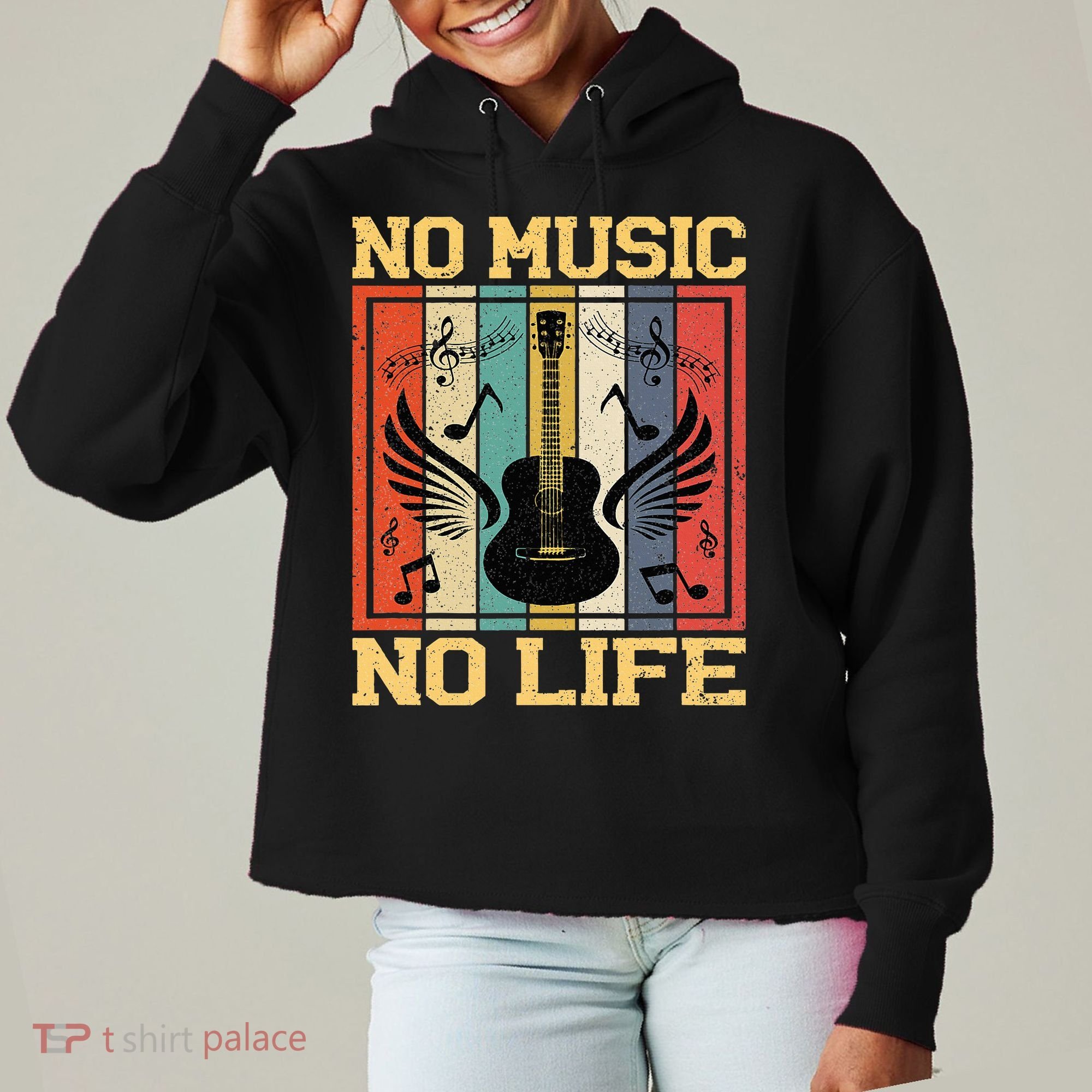 No Music No Life Musical Notes Musician Ladies Heavyweight Boxy Pullover Hoodie