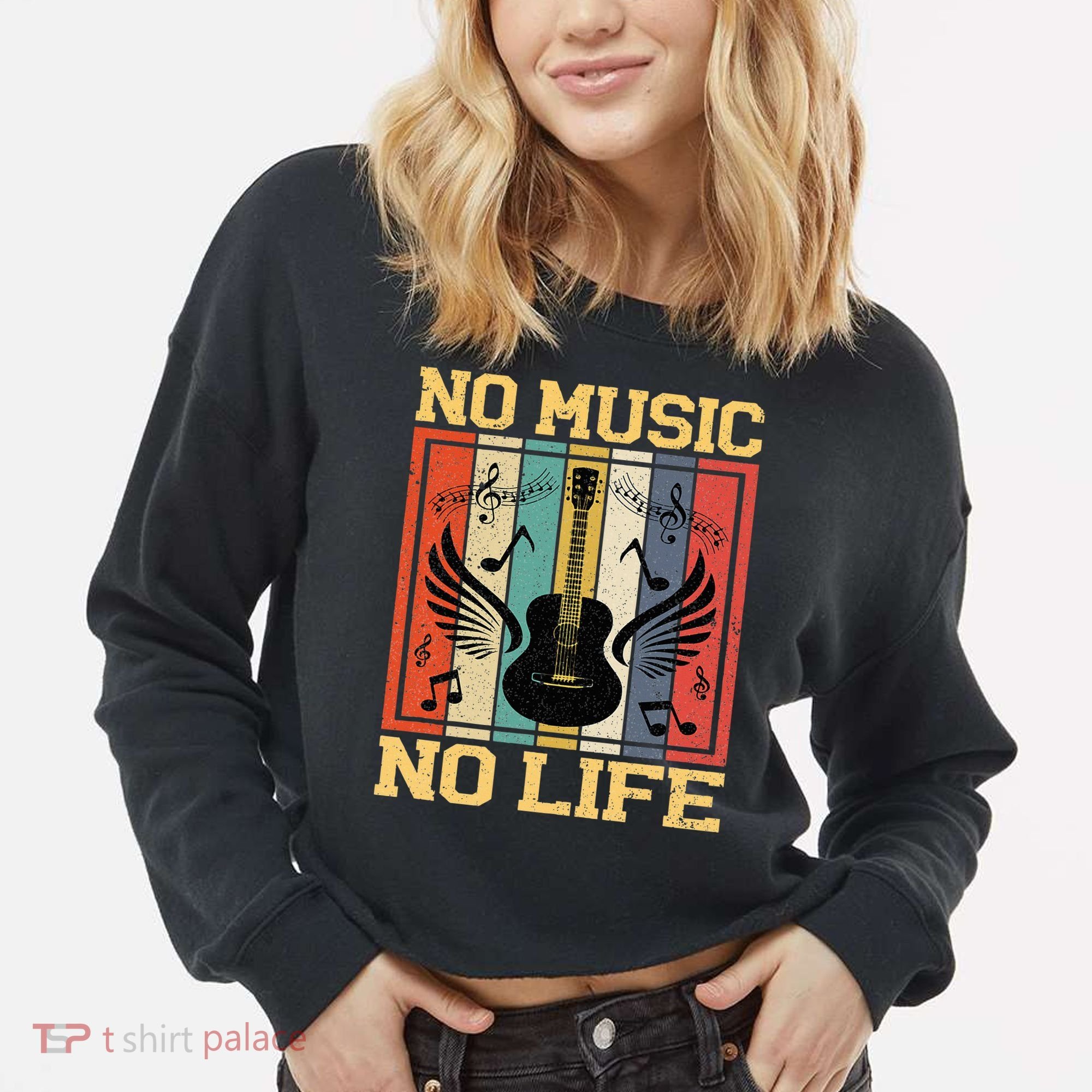 No Music No Life Musical Notes Musician Cropped Pullover Crew