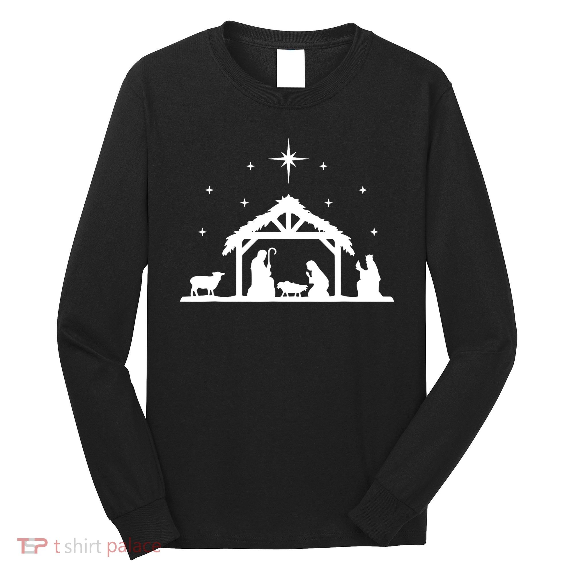 Nativity Manger Scene Baby Jesus Birth Of Christ Christmas Long Sleeve Shirt