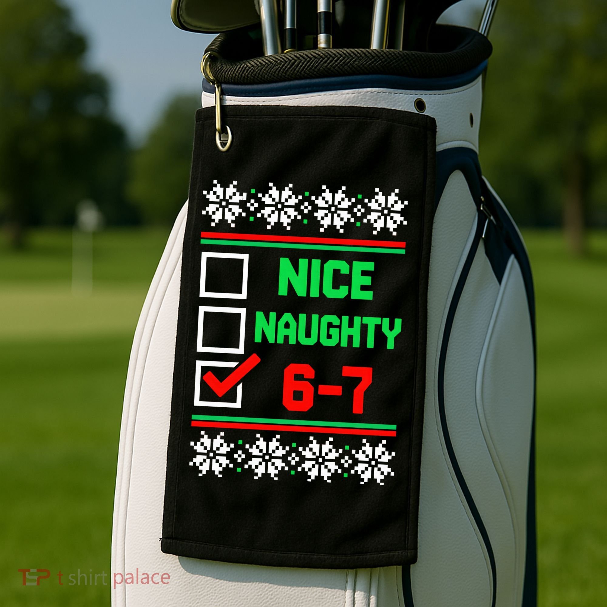 Nice Naughty 6-7 67 Meme Ugly Christmas Golf Towel