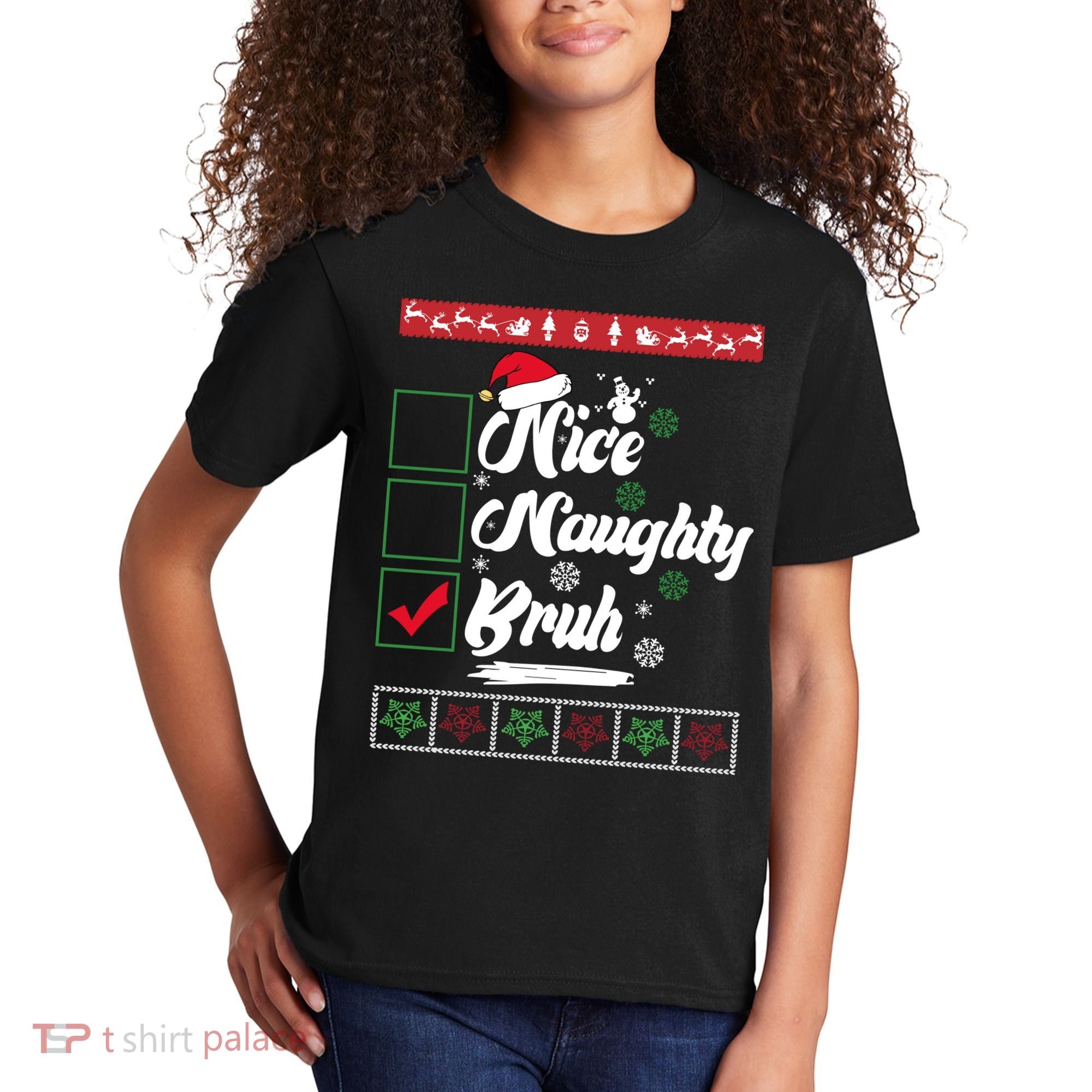 Nice Naughty Bruh Funny Christmas Santa Kids T-Shirt
