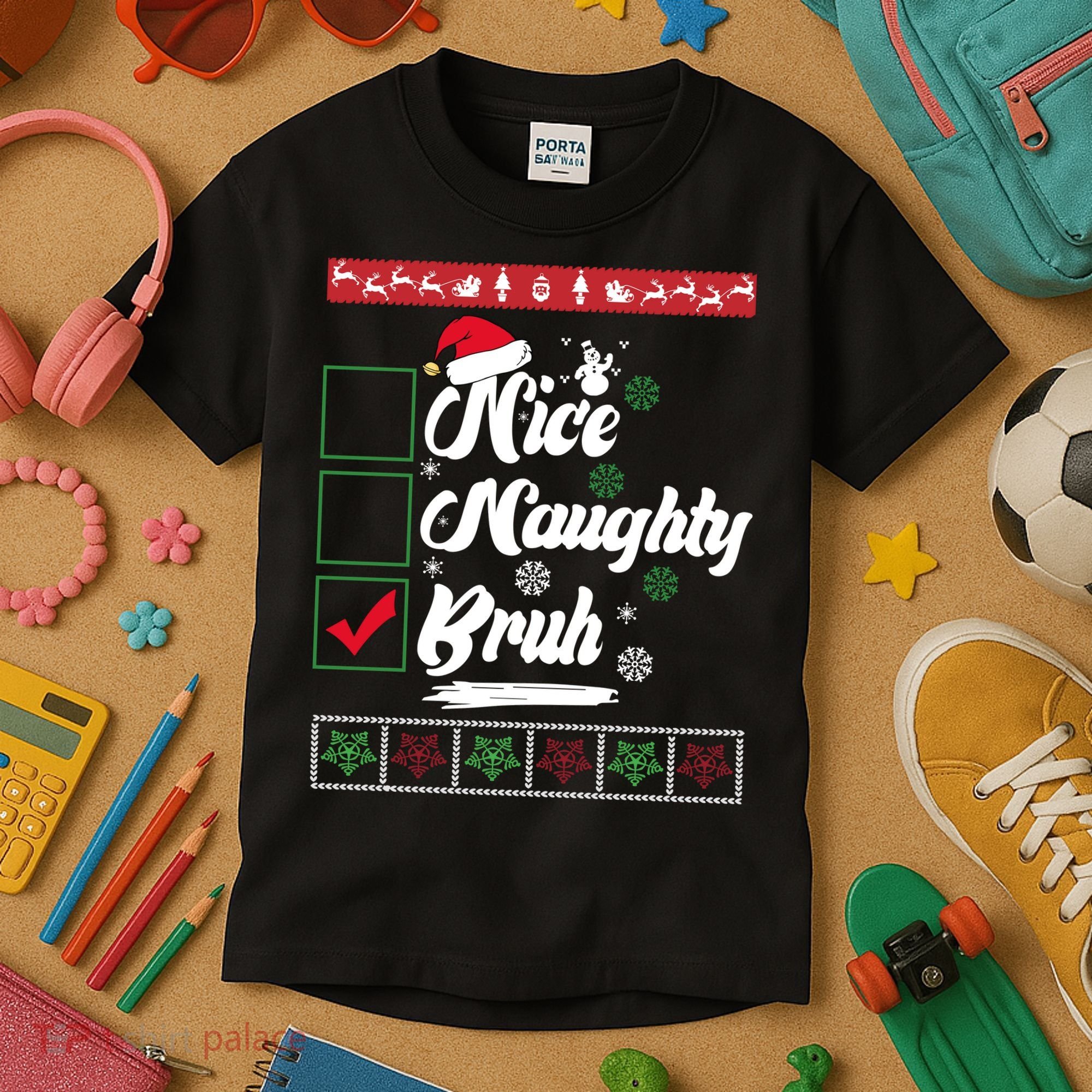 Nice Naughty Bruh Funny Christmas Santa Kids T-Shirt