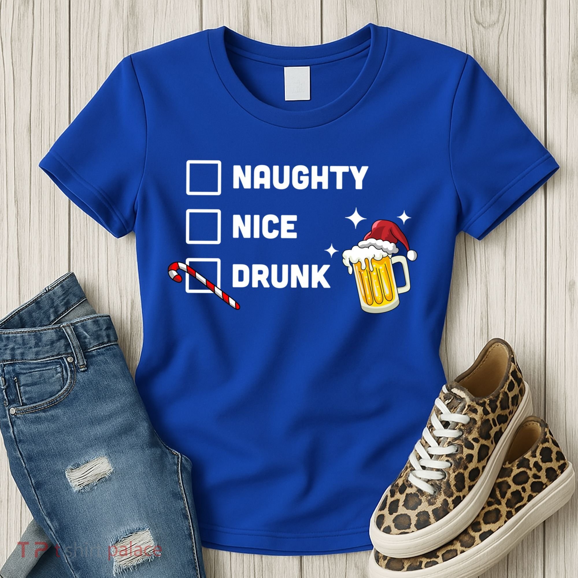 Nice Naughty Drunk Check Christmas Beer Funny Ing Xmas Gift Women's T-Shirt