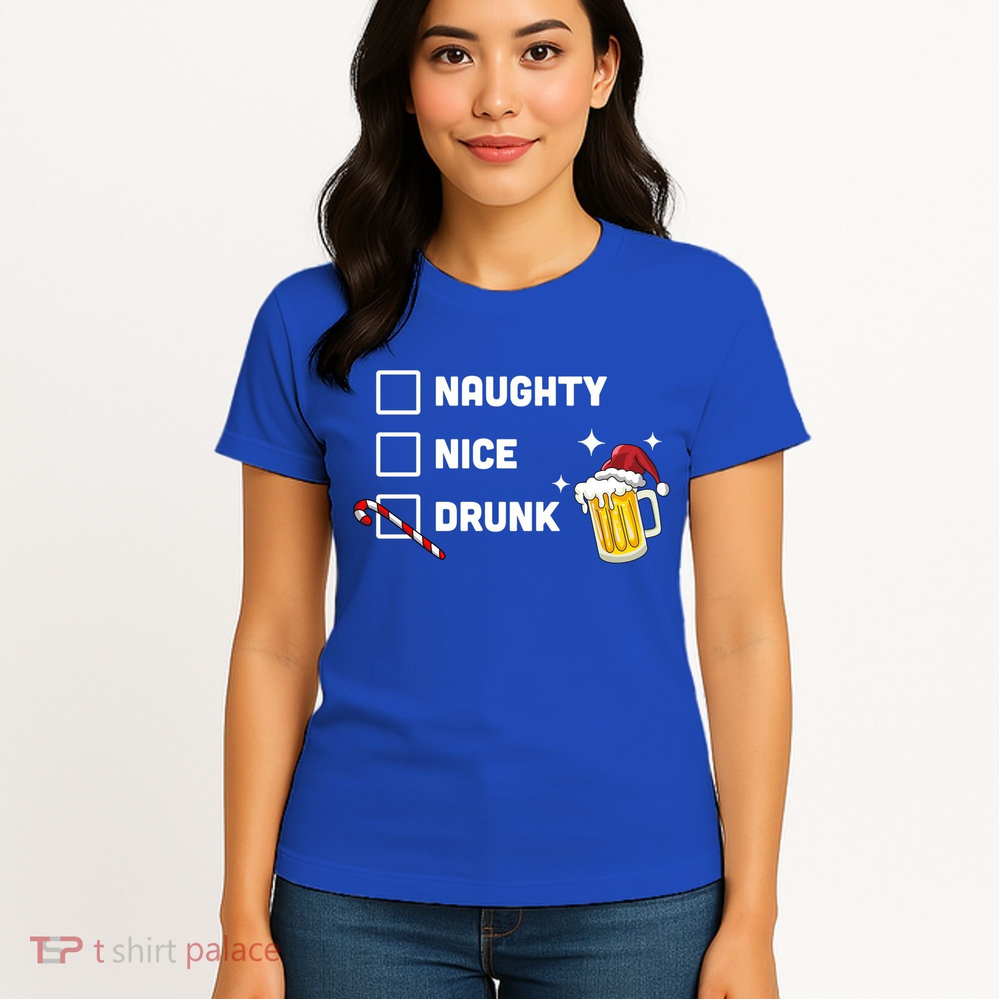 Nice Naughty Drunk Check Christmas Beer Funny Ing Xmas Gift Women's T-Shirt