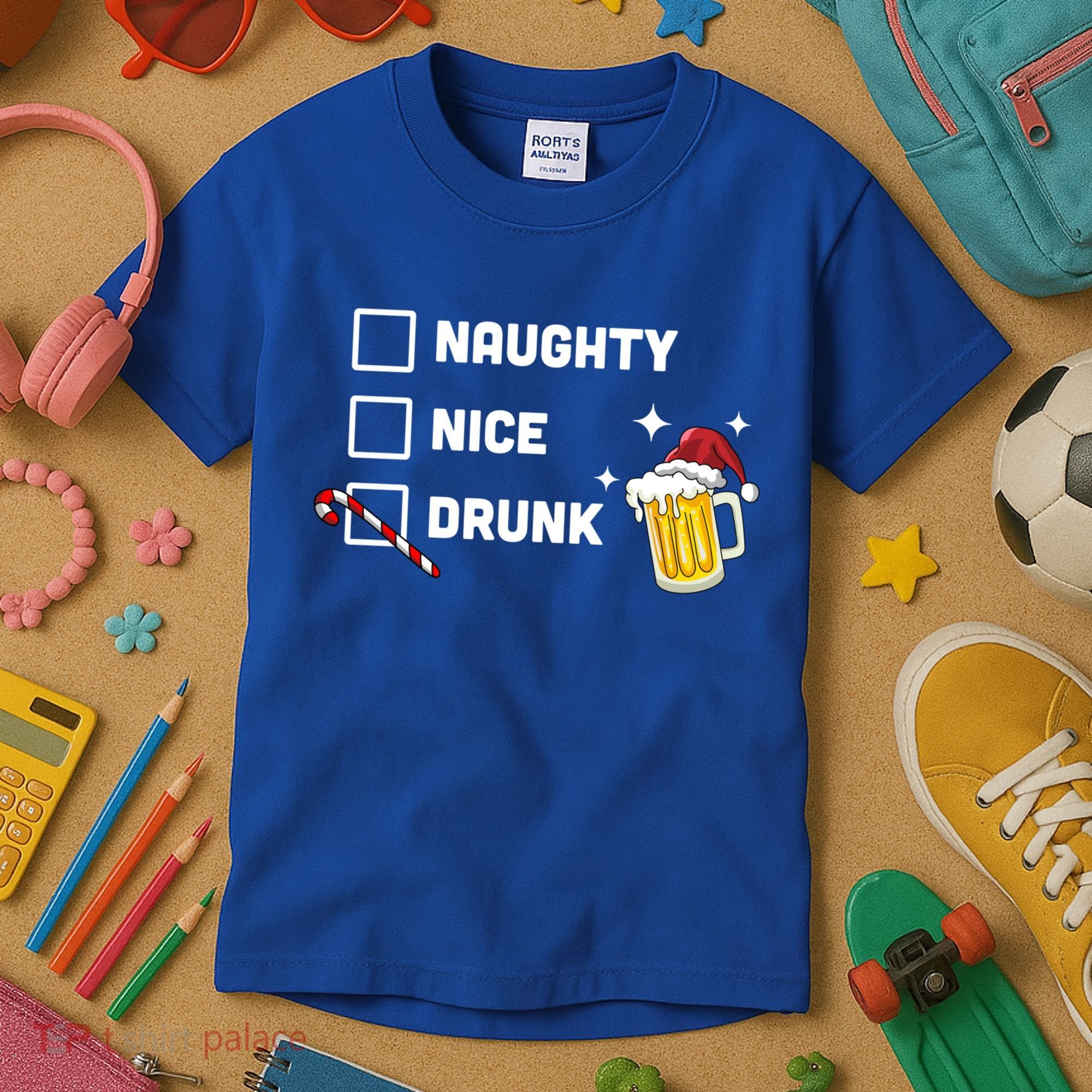 Nice Naughty Drunk Check Christmas Beer Funny Ing Xmas Gift Kids T-Shirt