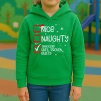 Nice Naughty Innocent Until Proven Guilty Christmas List Kids Hoodie thumb 3