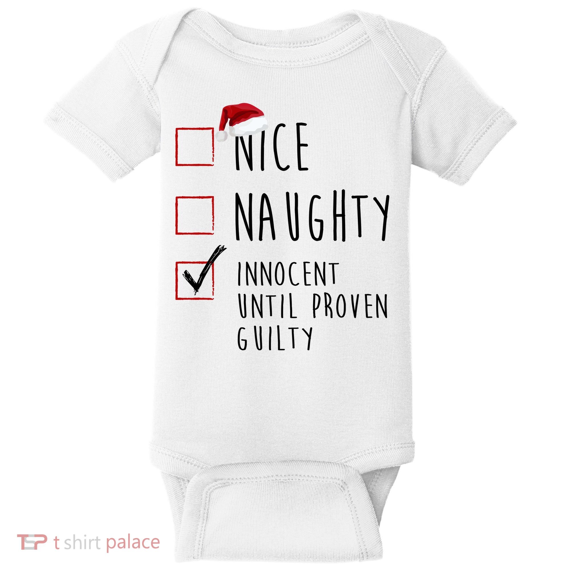 Nice Naughty Innocent Until Proven Guilty Christmas Checklist Baby Bodysuit