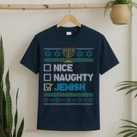 Nice Naughty Jewish Ugly Christmas Sweater Funny Hanukkah T-Shirt thumb 2